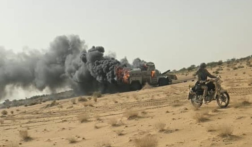 This photo released the Azaward Liberation Front (FLA) shows what they say is the aftermath of an attack by FLA separatist and jihadist militants in Gao, northern Mali Saturday, July 18, 2026, (Azaward Liberation Front via AP)