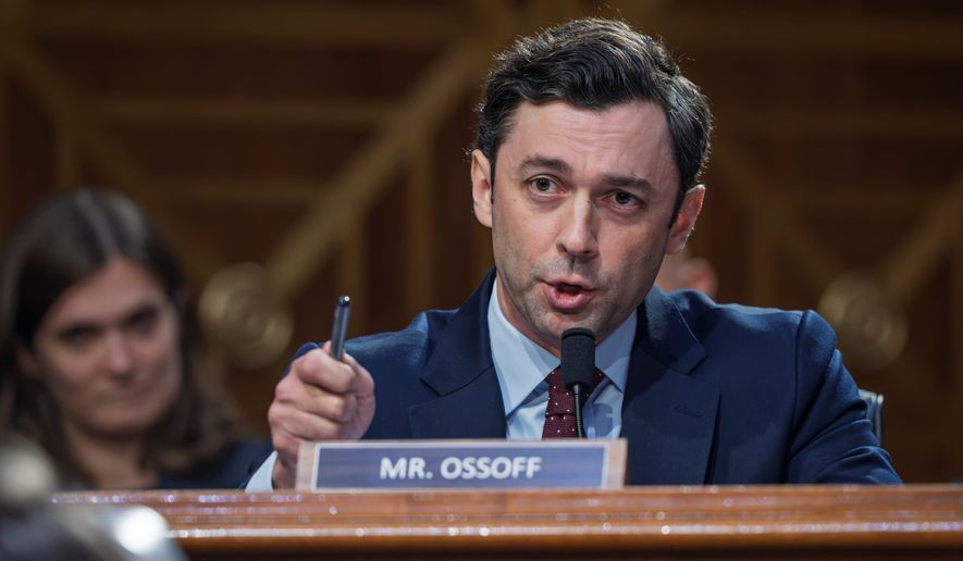 Sen. Jon Ossoff, D-Ga., questions Jay Clayton, President Donald Trump's pick to head the nation's intelligence agencies, as he appears for his confirmation hearing before the Senate Intelligence Committee, at the Capitol in Washington, Wednesday, July 15, 2026. (AP Photo/J. Scott Applewhite)