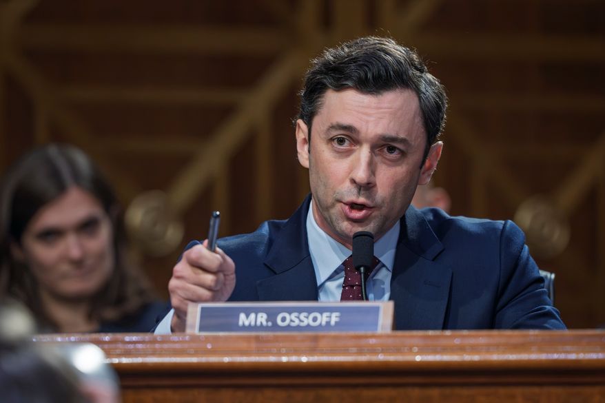 Sen. Jon Ossoff, D-Ga., questions Jay Clayton, President Donald Trump's pick to head the nation's intelligence agencies, as he appears for his confirmation hearing before the Senate Intelligence Committee, at the Capitol in Washington, Wednesday, July 15, 2026. (AP Photo/J. Scott Applewhite)
