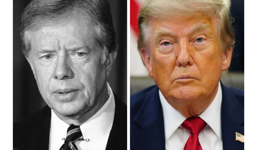 This combination of photos taken at the White House in Washington shows President Jimmy Carter, Nov. 3, 1980, left, and President Donald Trump, July 13, 2026. (AP Photo)