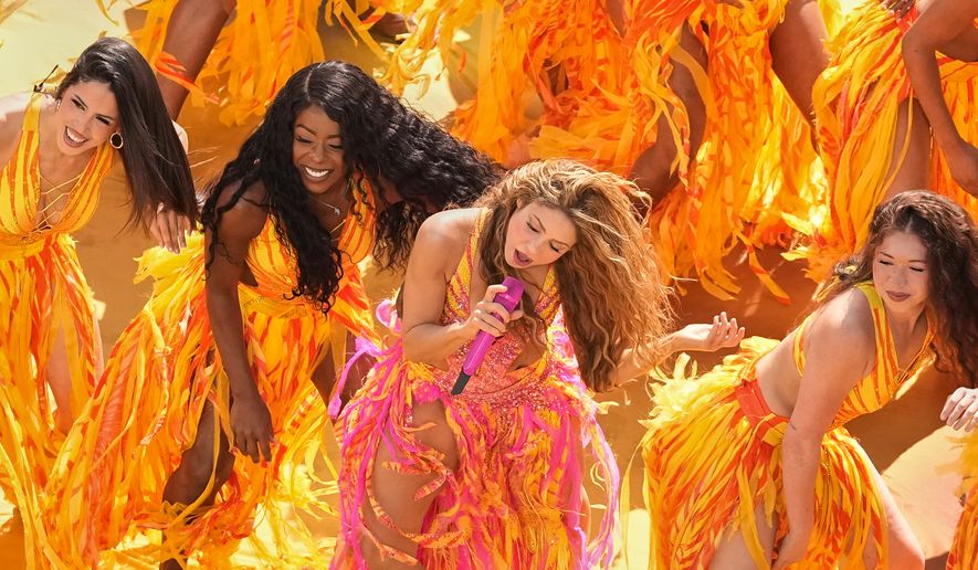 Shakira performs during halftime during the World Cup final soccer match between Spain and Argentina in East Rutherford, N.J., near New York, Sunday, July 19, 2026. (AP Photo/Matt Slocum)