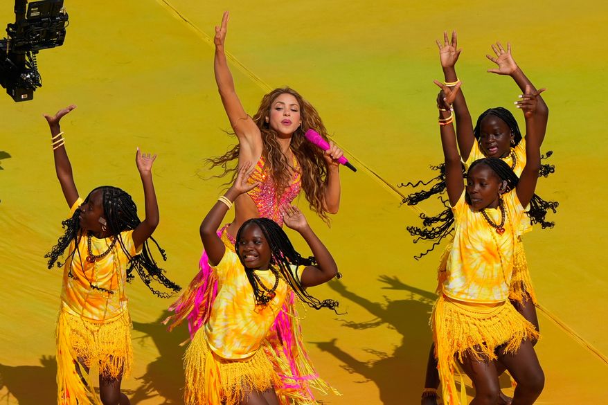 Shakira performs at halftime of the World Cup final soccer match between Spain and Argentina in East Rutherford, N.J., near New York, Sunday, July 19, 2026. (AP Photo/Yuki Iwamura)