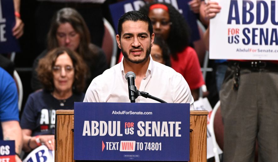 Michigan Democratic U.S. Senate primary candidate Abdul El-Sayed addresses the crowd during a campaign rally, Saturday, July 18, 2026, in Detroit. (AP Photo/Jose Juarez)