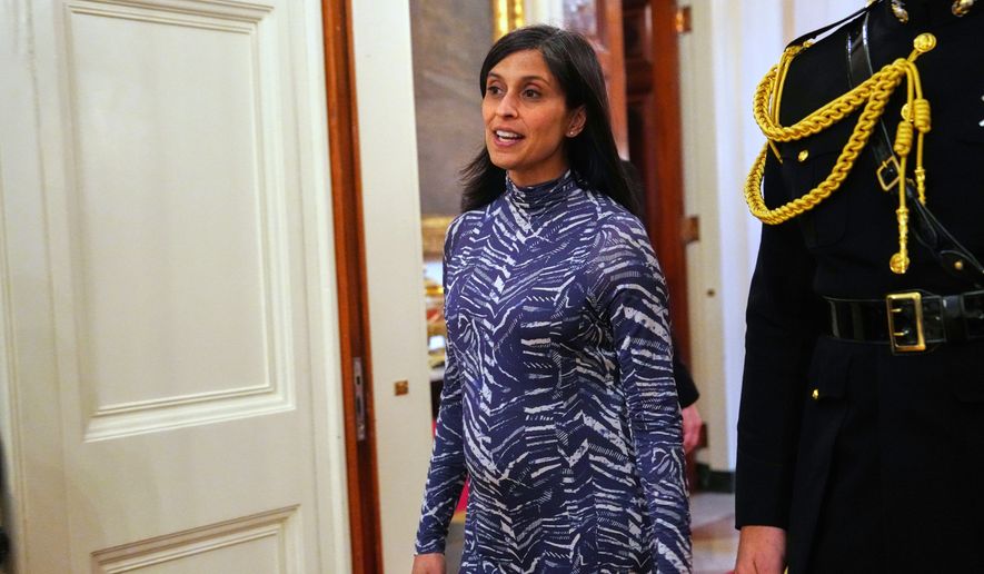Second lady Usha Vance arrives at a women's history month event in the East Room at the White House, March 12, 2026, in Washington. (AP Photo/Julia Demaree Nikhinson, File)