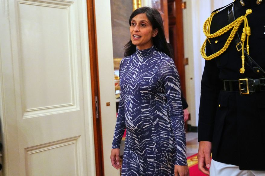 Second lady Usha Vance arrives at a women's history month event in the East Room at the White House, March 12, 2026, in Washington. (AP Photo/Julia Demaree Nikhinson, File)