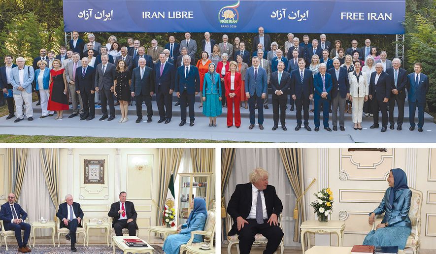 Top: A stellar group of former world leaders, senior officials, military leaders, and lawmakers joined Mrs. Rajavi (center) at the Free Iran World Summit 2026 in Paris. Bottom left: Paris June 20 - From left: Former EU Council President Charles Michel, Gen. Keith Kellogg, Gen. James Jones, meeting Mrs. Maryam Rajavi. Bottom right: Paris, June 20 - Former British Prime Minister Boris Johnson meeting Mrs. Maryam Rajavi.
