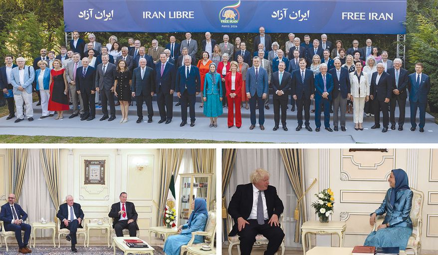 Top: A stellar group of former world leaders, senior officials, military leaders, and lawmakers joined Mrs. Rajavi (center) at the Free Iran World Summit 2026 in Paris. Bottom left: Paris June 20 - From left: Former EU Council President Charles Michel, Gen. Keith Kellogg, Gen. James Jones, meeting Mrs. Maryam Rajavi. Bottom right: Paris, June 20 - Former British Prime Minister Boris Johnson meeting Mrs. Maryam Rajavi.