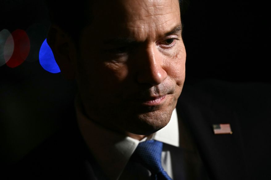 U.S. Secretary of State Marco Rubio speaks to reporters before departing from Joint Base Andrews, Md., Sunday, July 19, 2026, to the Philippines to attend the ASEAN foreign ministers' meeting and other related meetings. (Brendan Smialowski/Pool Photo via AP)
