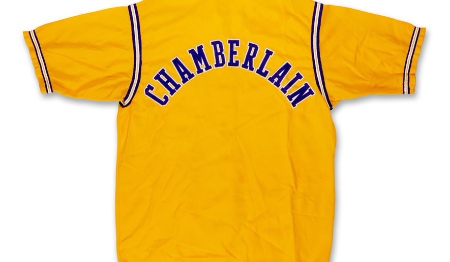 This undated photo provided by Sotheby's shows a warmup jacket worn by Wilt Chamberlain during the 1972 NBA Finals that was found in an Oregon thrift store. (Sotheby's via AP)