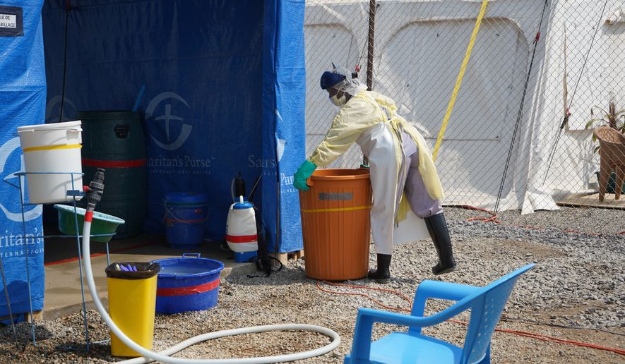 A health worker at an Ebola treatment centre in Bunia, Congo, Monday, July 20, 2026. (AP Photo/Prosper Heri Ngorora)