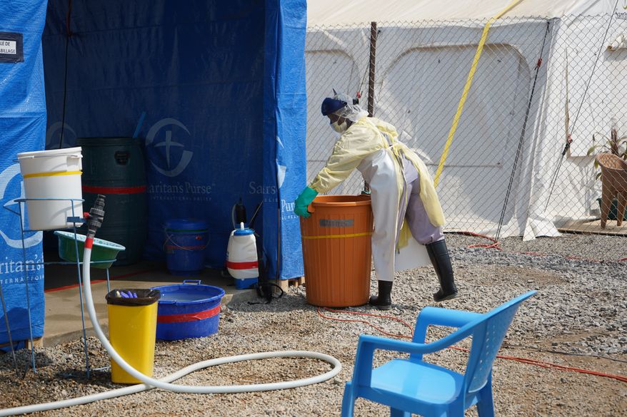 A health worker at an Ebola treatment centre in Bunia, Congo, Monday, July 20, 2026. (AP Photo/Prosper Heri Ngorora)
