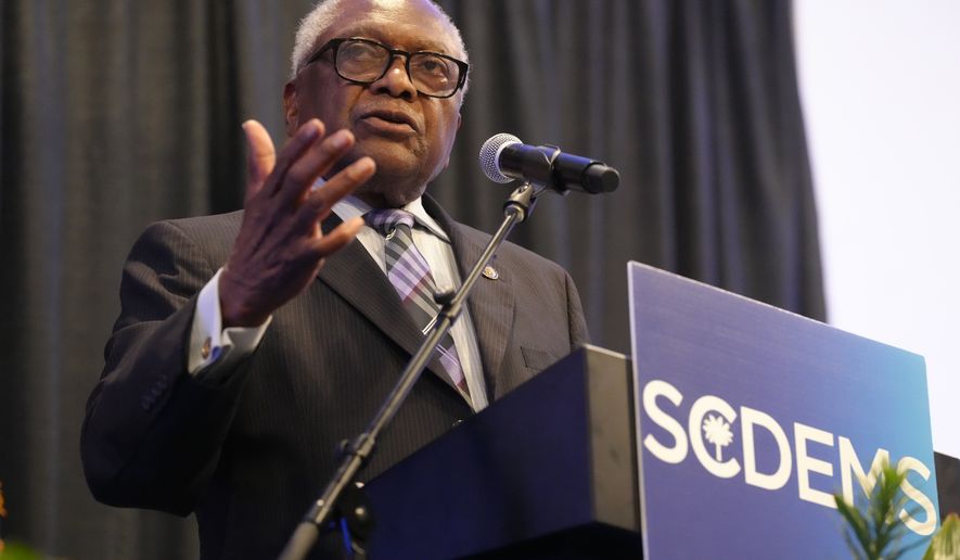 FILE - U.S. Rep. Jim Clyburn, D-S.C., speaks to attendees at the South Carolina Democratic Party's Blue Palmetto Dinner on May 29, 2026, in Columbia S.C. (AP Photo/Meg Kinnard, File)