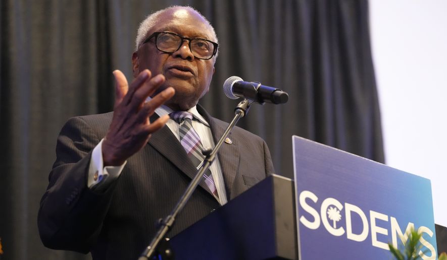 FILE - U.S. Rep. Jim Clyburn, D-S.C., speaks to attendees at the South Carolina Democratic Party's Blue Palmetto Dinner on May 29, 2026, in Columbia S.C. (AP Photo/Meg Kinnard, File)
