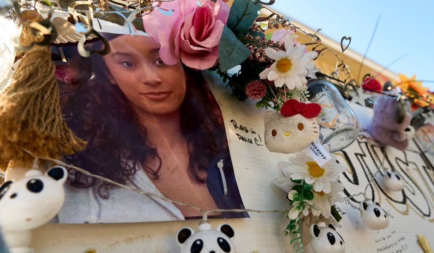 FILE - A makeshift memorial for Celeste Rivas Hernandez, whose body was found inside a vehicle owned by singer D4vd, is displayed outside her home in Lake Elsinore, Calif., on April 21, 2026. (AP Photo/Damian Dovarganes, File)