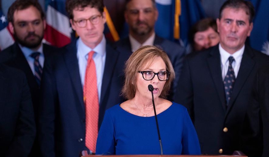 Newly appointed U.S. interim Senator, Darline Graham Nordone speaks to members of the press after being appointed to fill the vacancy created by the passing of her brother, U.S. Senator Lindsey Graham, at the statehouse Monday, July 13, 2026, in Columbia, S.C. (AP Photo/Sean Rayford)