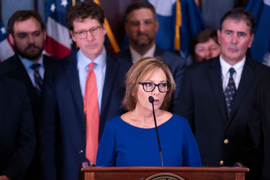 U.S. Sen. Darline Graham Nordone speaks to members of the press after being appointed to fill the vacancy created by the death of her brother, Sen. Lindsey Graham, at the statehouse Monday, July 13, 2026, in Columbia, S.C. (AP Photo/Sean Rayford)
