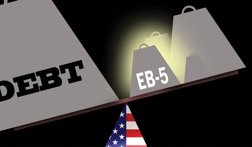 EB-5 visa immigration program and helping debt in the United States of America illustration by Alexander Hunter/The Washington Times