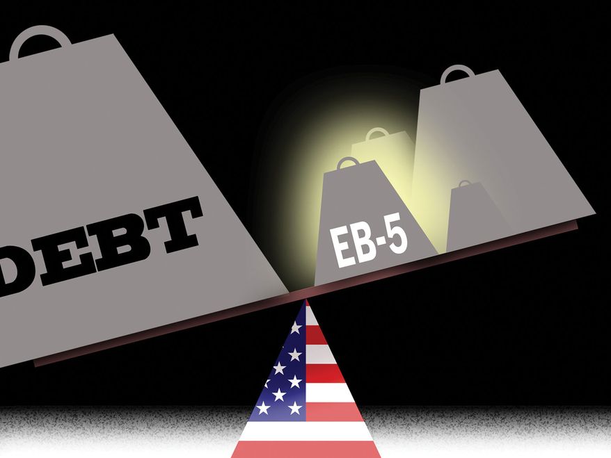 EB-5 visa immigration program and helping debt in the United States of America illustration by Alexander Hunter/The Washington Times