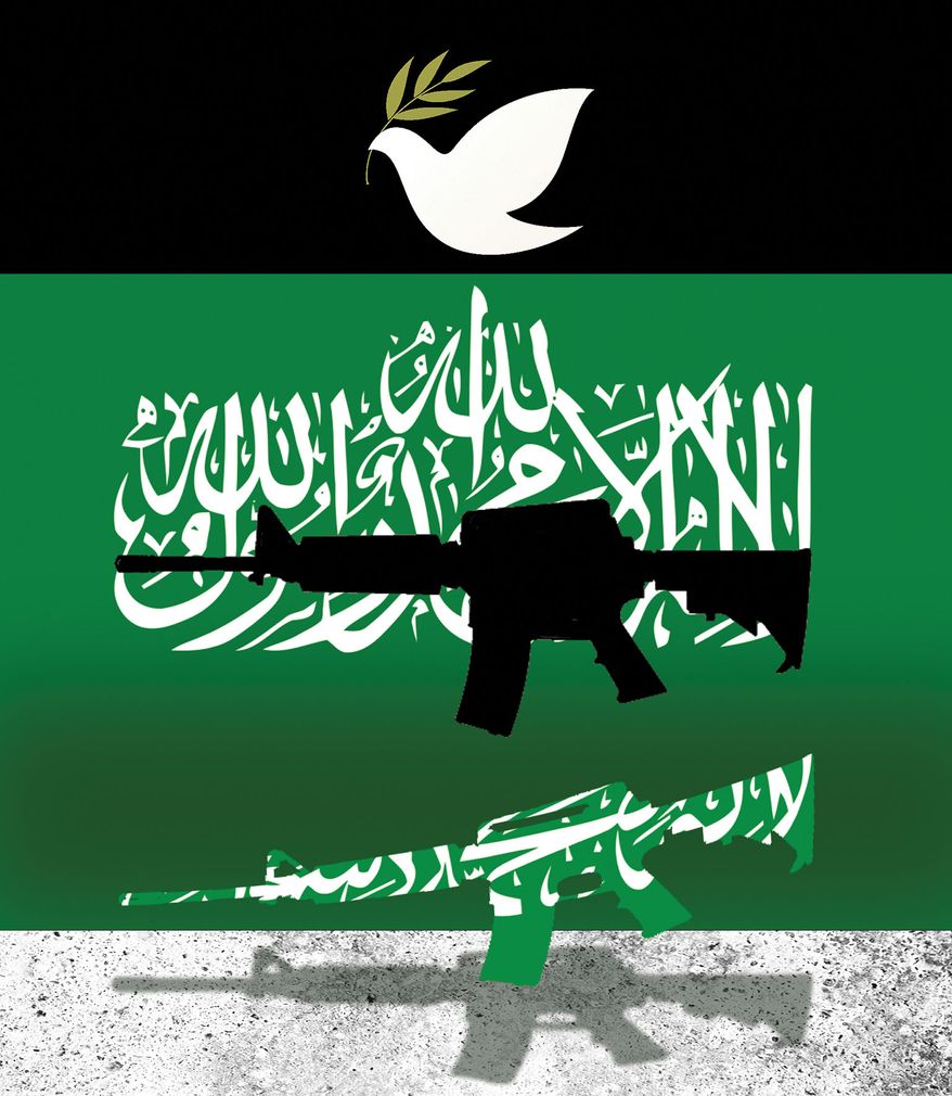 Armed Hamas terrorists and peace with Israel illustration by Alexander Hunter/The Washington Times