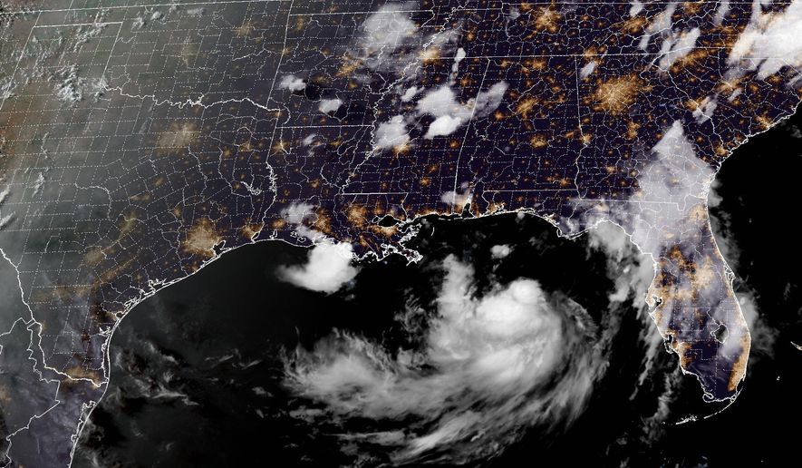 This satellite image from the National Oceanic and Atmospheric Administration taken at 7:31pm EDT shows Tropical Storm Bertha in the Gulf of Mexico on Monday, July 21, 2026. (NOAA via AP)