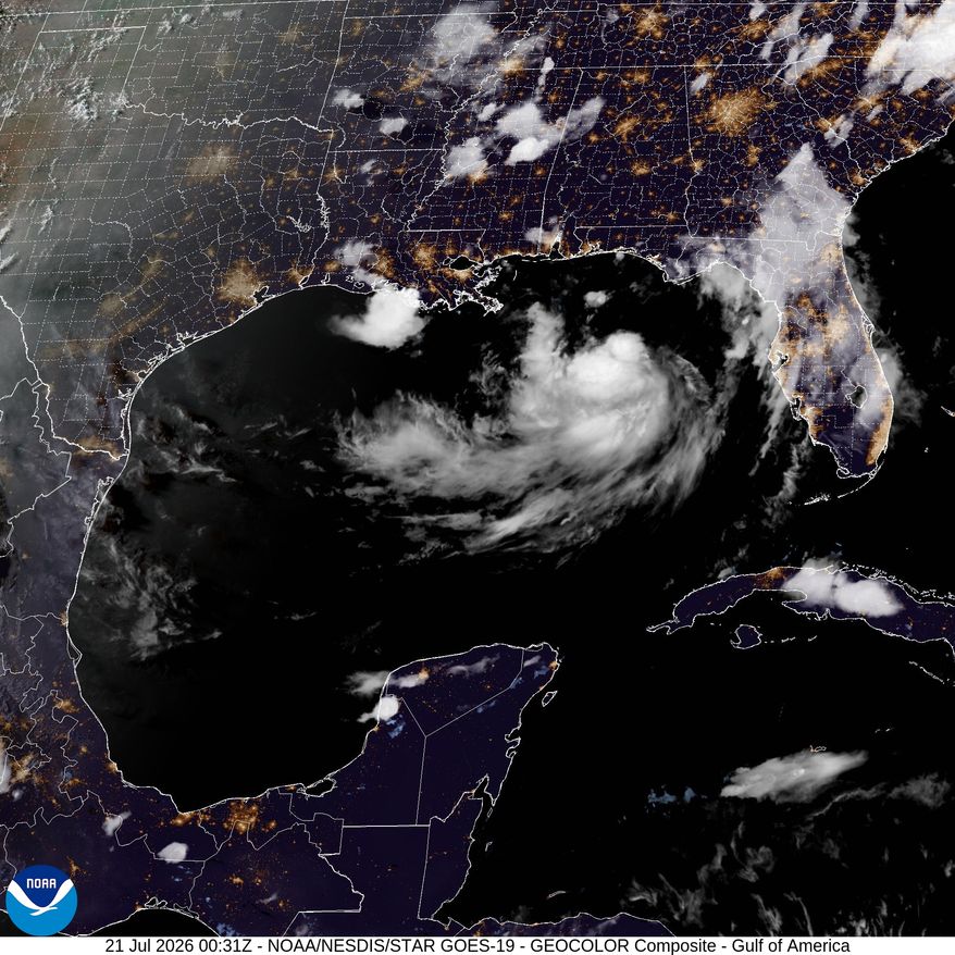 This satellite image from the National Oceanic and Atmospheric Administration taken at 7:31pm EDT shows Tropical Storm Bertha in the Gulf of Mexico on Monday, July 21, 2026. (NOAA via AP)