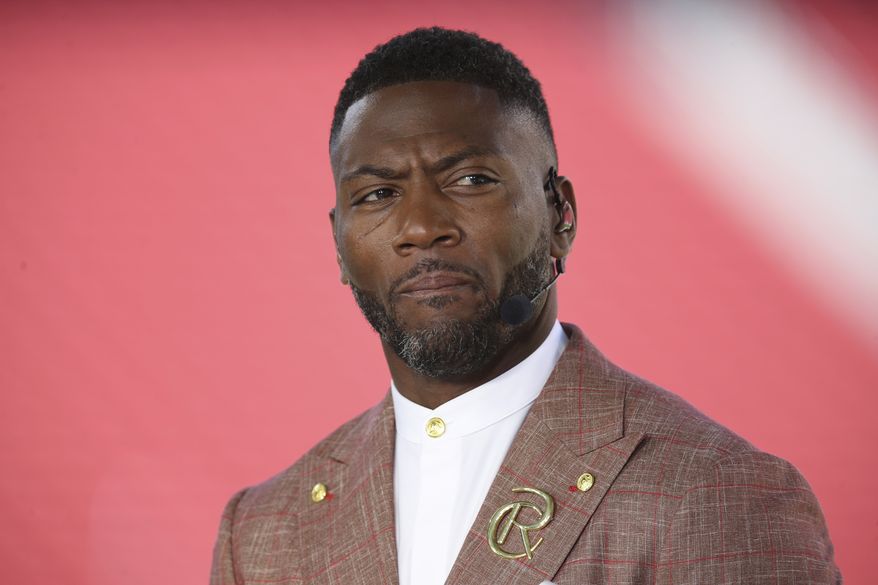 Ryan Clark sits on the set of the ESPN pregame show that precedes Monday Night Football before an NFL football game between the San Francisco 49ers and the New York Jets, Monday, Sept. 9, 2024, in Santa Clara, Calif. (AP Photo/Scot Tucker)
