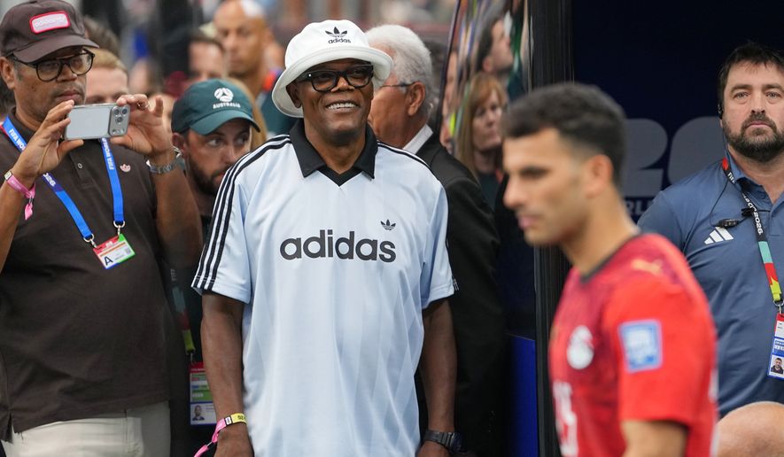 Actor Samuel L. Jackson attends the World Cup round of 32 soccer match between Australia and Egypt in Arlington, Texas, near Dallas, Friday, July 3, 2026. (AP Photo/Julio Cortez)