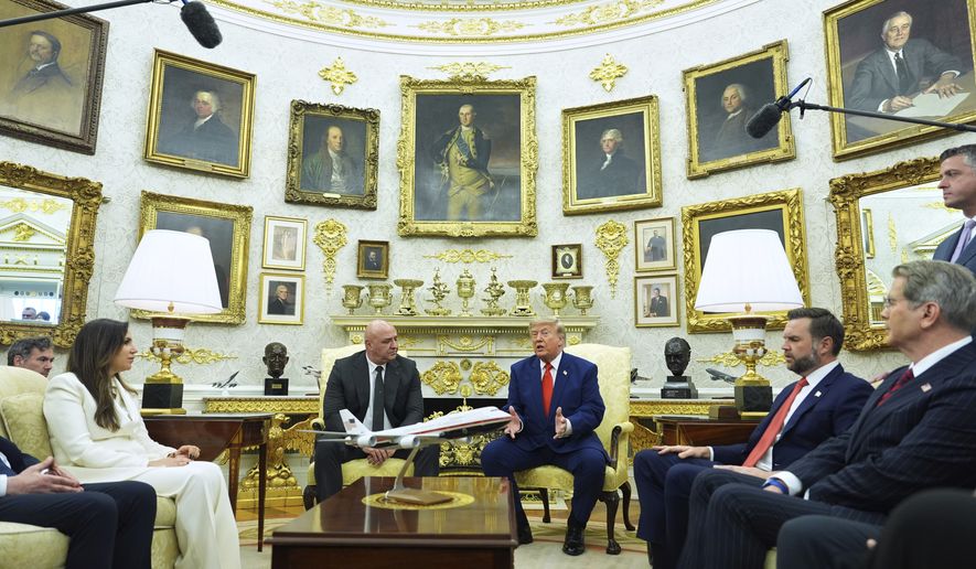 President Donald Trump meets with Lebanese President Joseph Aoun in the Oval Office at the White House, Tuesday, July 21, 2026, in Washington. (AP Photo/Mark Schiefelbein)