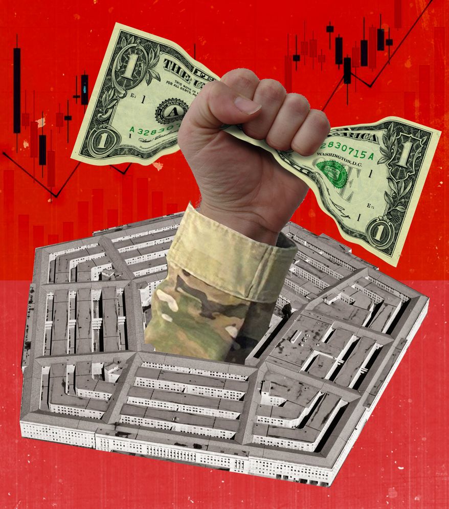 Pentagon owning shares in defense military companies illustration by Linas Garsys / The Washington Times