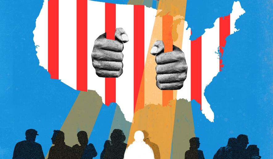 Artificial intelligence (AI) surveillance monitoring of Americans and constitutional rights illustration by Linas Garsys / The Washington Times