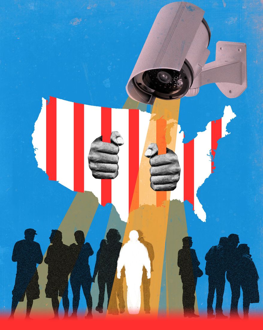 Artificial intelligence (AI) surveillance monitoring of Americans and constitutional rights illustration by Linas Garsys / The Washington Times