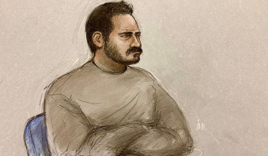 This court artist sketch by Elizabeth Cook shows Joshua Kerry, 28, appearing at Westminster Magistrates' Court in London on Tuesday, July 21, 2026 charged with the murder of MP Ann Widdecombe. (Elizabeth Cook/PA via AP)