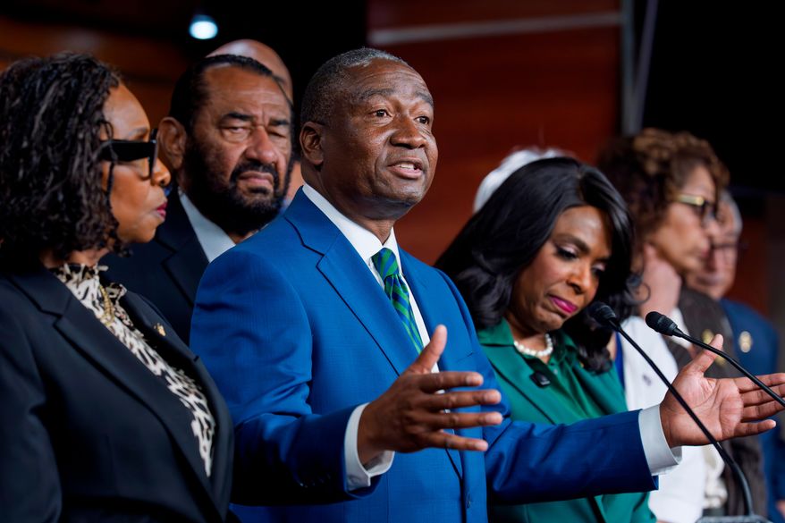 Rep. Cleo Fields, D-La., center, speaks to reporters at the Capitol in Washington on April 29, 2026. (AP Photo/J. Scott Applewhite, File)