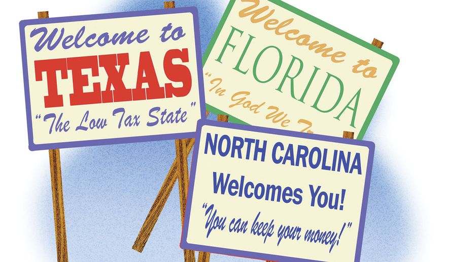 Wealth taxes causing high earners to leave blue states and move to Texas, Florida and North Carolina, illustration by Alexander Hunter/The Washington Times