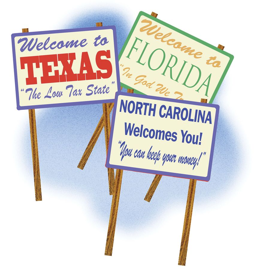 Wealth taxes causing high earners to leave blue states and move to Texas, Florida and North Carolina, illustration by Alexander Hunter/The Washington Times