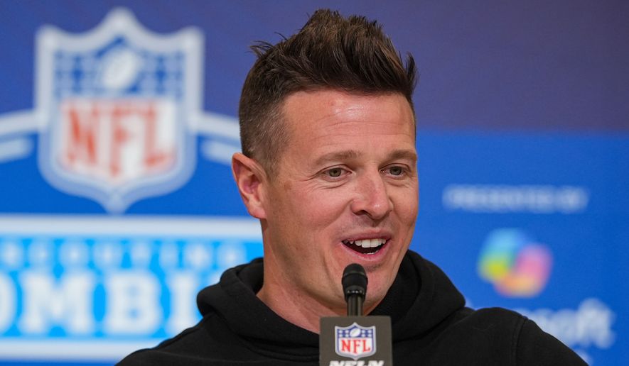 FILE - Arizona Cardinals head coach Mike LaFleur speaks during a press conference at the NFL football scouting combine in Indianapolis, Tuesday, Feb. 24, 2026. (AP Photo/Michael Conroy, File)
