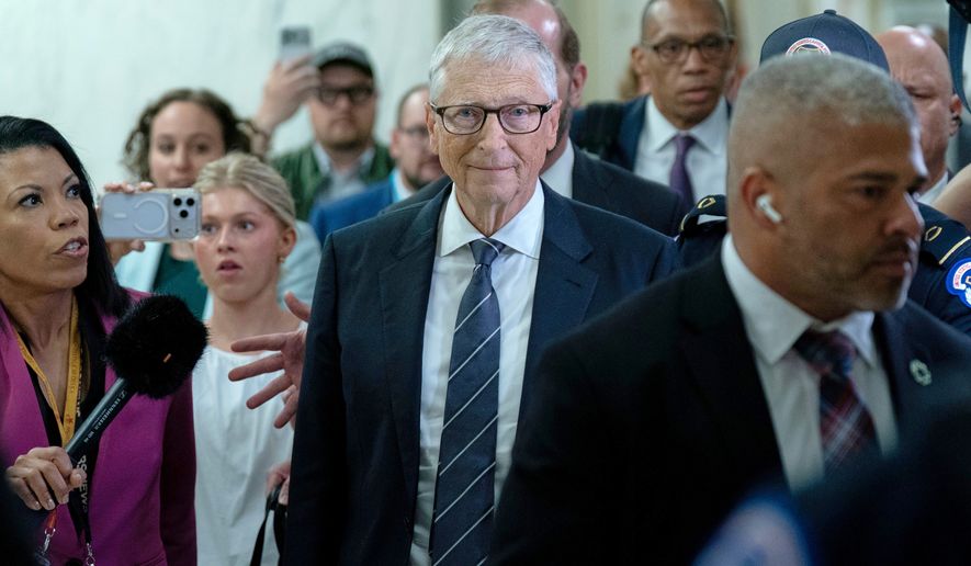 FILE - Bill Gates, co-founder of Microsoft, leaves after a closed-door interview with the House Oversight Committee investigating convicted sex offender Jeffrey Epstein, on Capitol Hill, June 10, 2026, in Washington. (AP Photo/Jose Luis Magana, File)