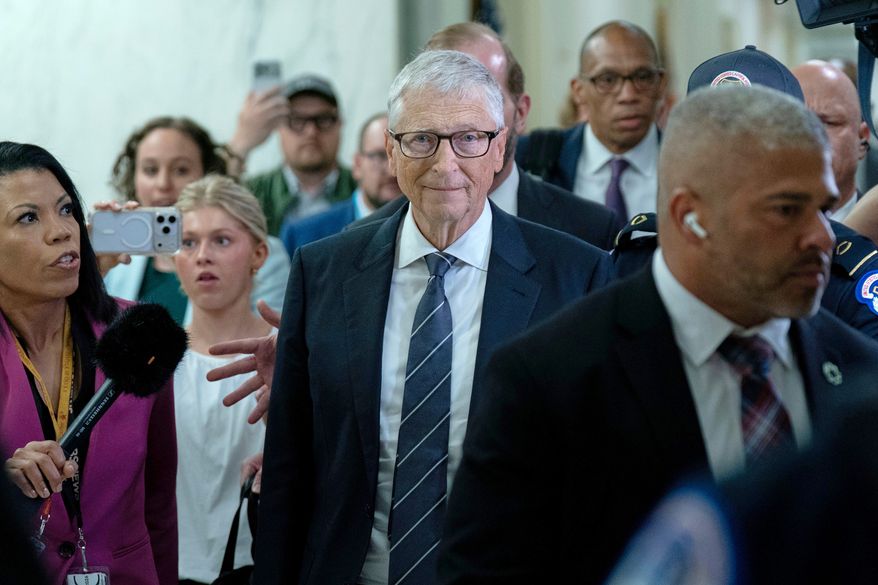 FILE - Bill Gates, co-founder of Microsoft, leaves after a closed-door interview with the House Oversight Committee investigating convicted sex offender Jeffrey Epstein, on Capitol Hill, June 10, 2026, in Washington. (AP Photo/Jose Luis Magana, File)