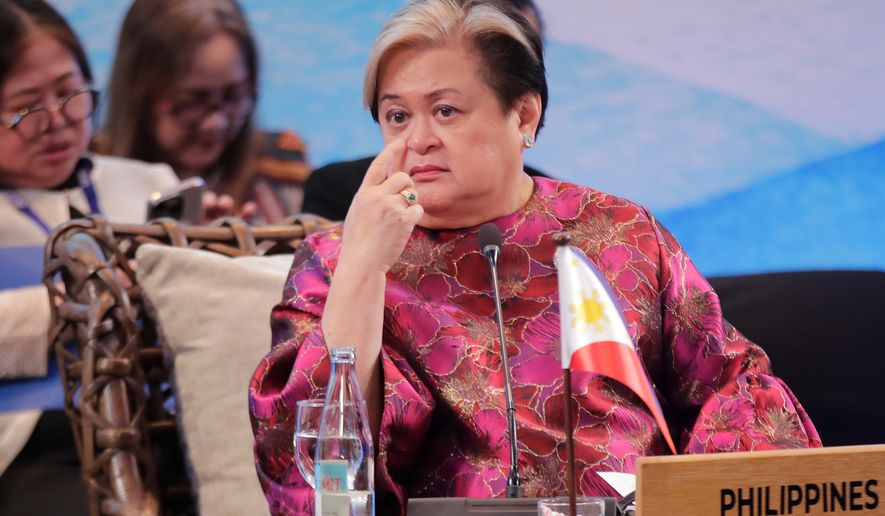 ASEAN Chair and Philippine Foreign Secretary Theresa Lazaro hosts an informal consultation with Foreign Ministers during the Association of Southeast Asian Nations (ASEAN) Foreign Ministers' Meeting at the Philippine International Convention Center in Manila, Tuesday, July 21, 2026. (Francis R. Malasig/Pool Photo via AP)
