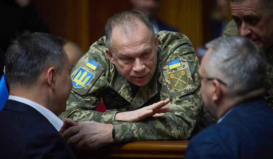 FILE - In this photo provided by the Press Service Of The President Of Ukraine on Nov. 19, 2024, Gen. Oleksandr Syrskyi speaks to parliamentarians at Verkhovna Rada in Kyiv, Ukraine. (Press Service Of The President Of Ukraine via AP, File)