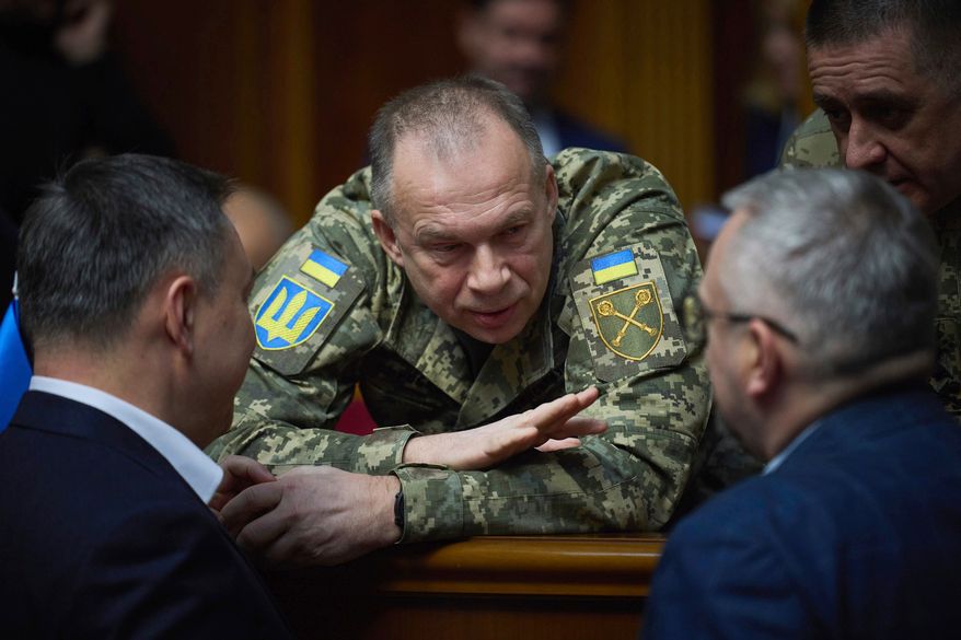 FILE - In this photo provided by the Press Service Of The President Of Ukraine on Nov. 19, 2024, Gen. Oleksandr Syrskyi speaks to parliamentarians at Verkhovna Rada in Kyiv, Ukraine. (Press Service Of The President Of Ukraine via AP, File)