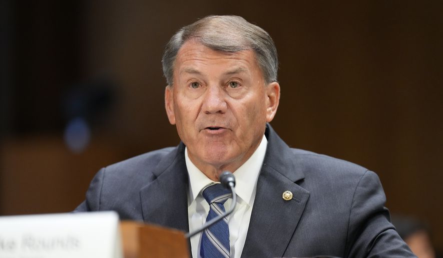Sen. Mike Rounds, R-S.D., speaks before Defense Secretary Pete Hegseth and Chairman of the Joint Chiefs of Staff Gen. Dan Caine attend a hearing of the Senate Appropriations Committee, Tuesday, July 21, 2026, on Capitol Hill in Washington. (AP Photo/Jacquelyn Martin) ** FILE **