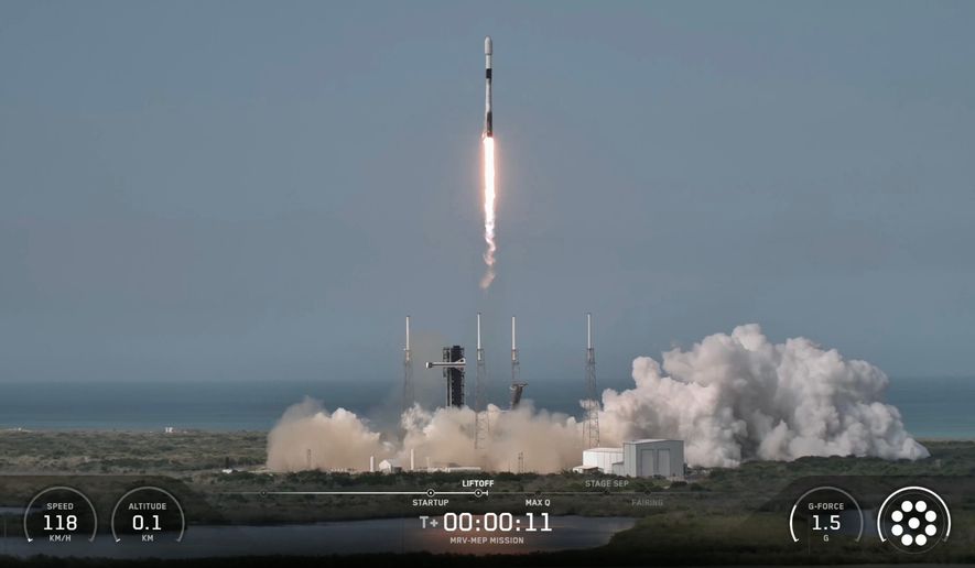 This image from video provided by SpaceX shows a Falcon 9 rocket carrying Northrop Grumman’s mission robotic vehicle — dubbed MRV, launches from Cape Canaveral, Fla., on Tuesday, July 21, 2026. (SpaceX via AP)