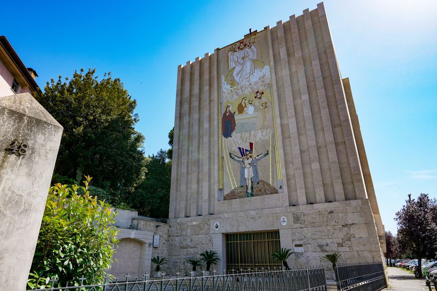 FILE - A mosaic by ex-Jesuit artist Marko Rupnik is seen on the main facade of the Church of Our Lady of the Canadian Martyrs, June 28, 2024, in Rome. (AP Photo/Andrew Medichini, File)