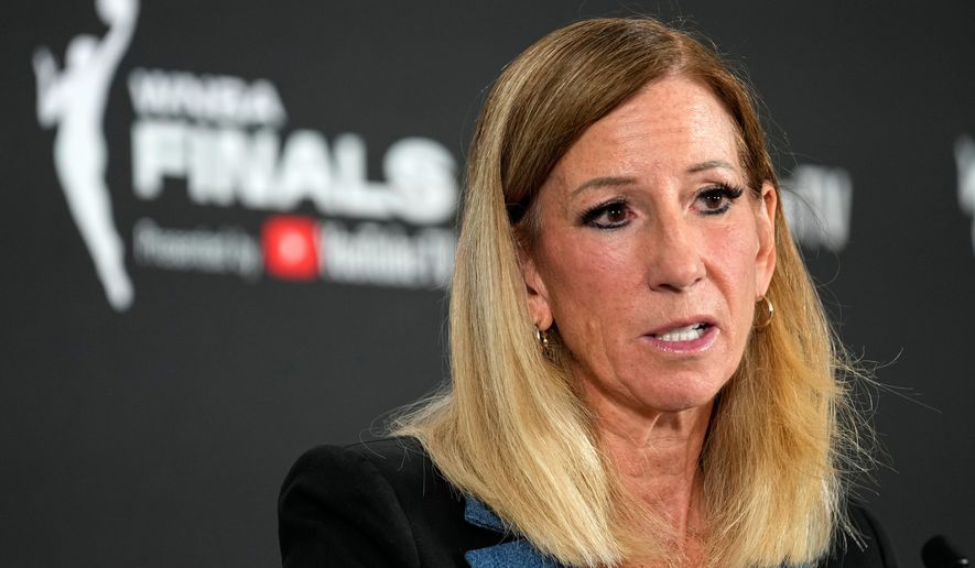 FILE - WNBA commissioner Cathy Engelbert speaks prior to Game 1 of a WNBA basketball final playoff series between the Las Vegas Aces and the Phoenix Mercury, Oct. 3, 2025, in Las Vegas. (AP Photo/John Locher, File)