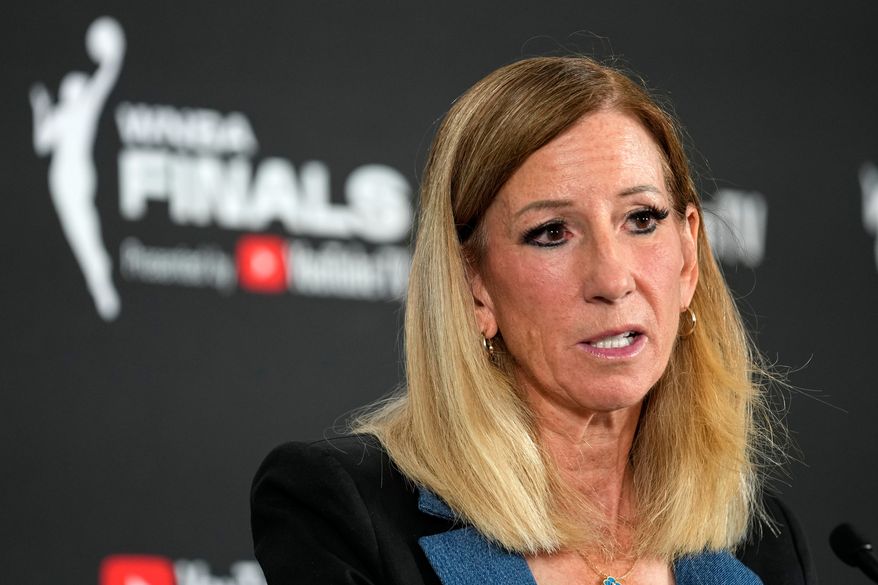 FILE - WNBA commissioner Cathy Engelbert speaks prior to Game 1 of a WNBA basketball final playoff series between the Las Vegas Aces and the Phoenix Mercury, Oct. 3, 2025, in Las Vegas. (AP Photo/John Locher, File)