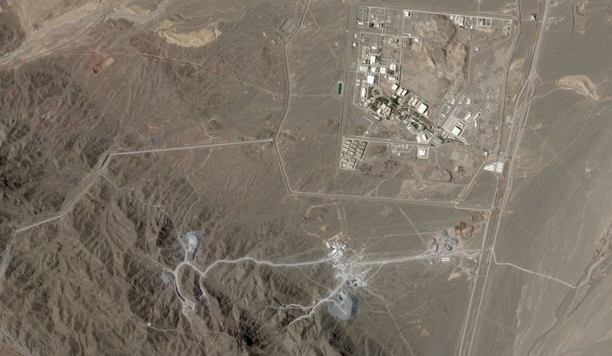 This June 15, 2026, photo from Planet Labs PBC shows Iran's Natanz nuclear enrichment facility, upper right, and the under-construction at Pickaxe Mountain directly to the south of it. (Planet Labs PBC via AP) ** FILE **