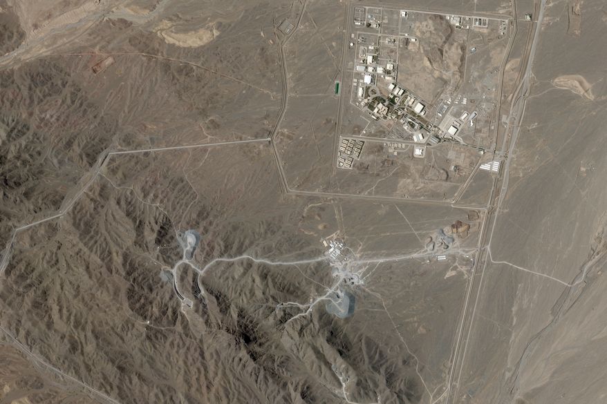 This June 15, 2026, photo from Planet Labs PBC shows Iran's Natanz nuclear enrichment facility, upper right, and the under-construction at Pickaxe Mountain directly to the south of it. (Planet Labs PBC via AP) ** FILE **