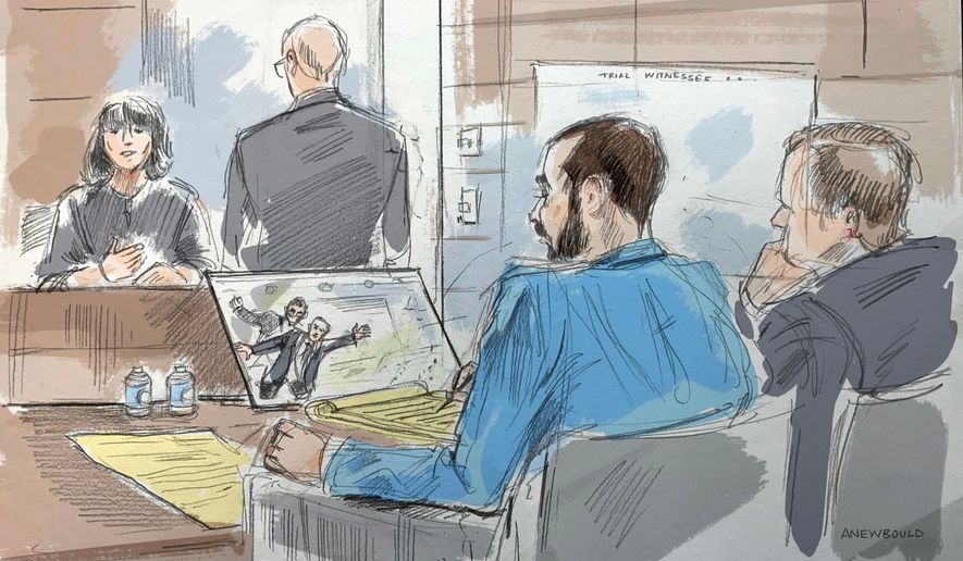 In this courtroom sketch, a witness describes video of an alleged attack on Salman Rushdie by Hadi Matar, in federal court in Buffalo, N.Y., Wednesday, July 22, 2026. Matar, foreground, is seated with his lawyer's co-council. (Alexandra Newbould via AP)