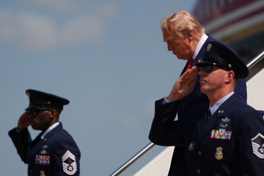 President Donald Trump disembarks Air Force One, Wednesday, July 22, 2026, at Dover Air Force Base, Del. (AP Photo/Julia Demaree Nikhinson)